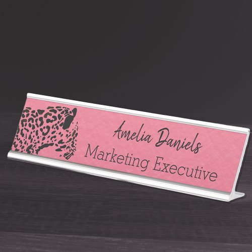 Elegant Pink and Black Jaguar  Desk Name Plate