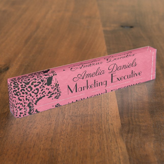 Elegant Pink and Black Jaguar Monogram Desk Name Plate (Side)