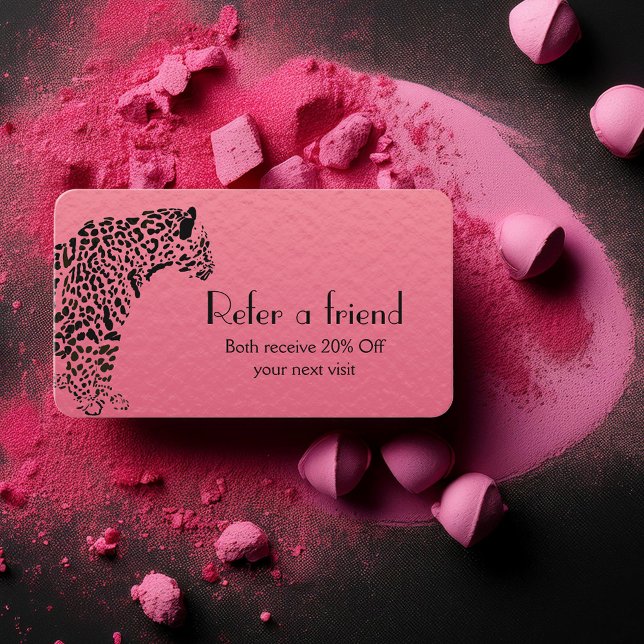 Elegant Pink and Black Jaguar Referral   Business Card (Build your brand with  elegant Refer a friend cards.)