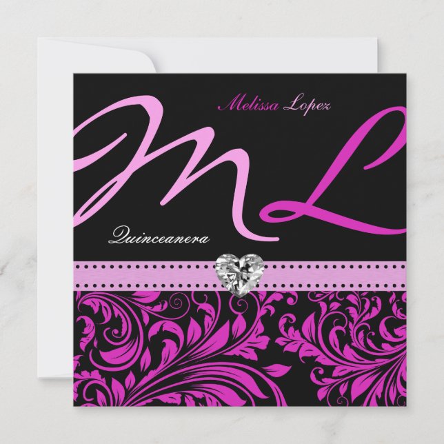 Elegant Pink and Black Quinceanera Invitation (Front)