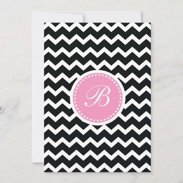 Elegant Pink and Black Retro Chevron Monogram Invitation (Front)