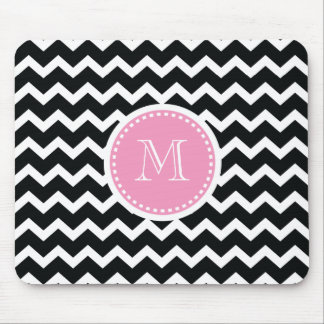 Elegant Pink and Black Retro Chevron Monogram Mouse Pad