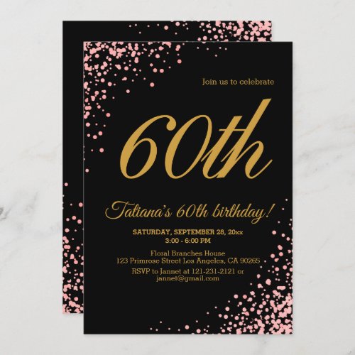 Elegant Pink and Black Rose Gold Glitter Birthday Invitation