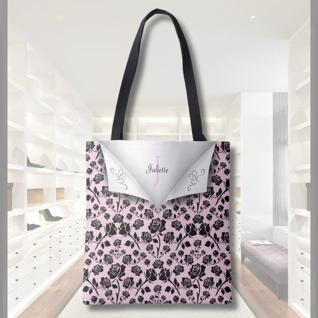 Elegant Pink and Black Rose Monogram Name Tote (Elegant Pink and Black Rose Monogram Name Tote Bag)