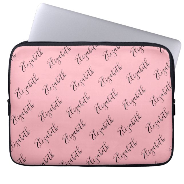 Elegant Pink and Black Script Name Pattern Laptop Sleeve (Front)