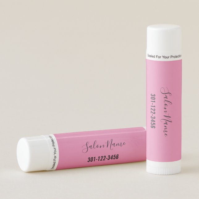 Elegant Pink and Black Script Salon Name Number Lip Balm (Front)