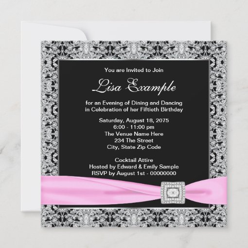 Elegant Pink and Black Womans 50th Birthday Party Invitation | Zazzle