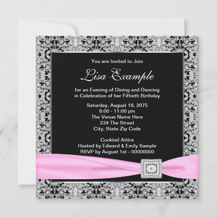 Elegant Pink And Black Womans 50th Birthday Party Invitation 