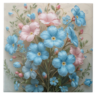 Elegant Pink and Blue Flowers Ceramic Tile