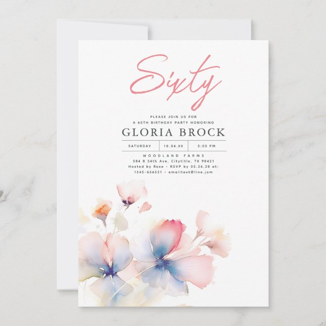 Elegant Pink and Blue Flowers Minimalist Birthday Invitation (Front)