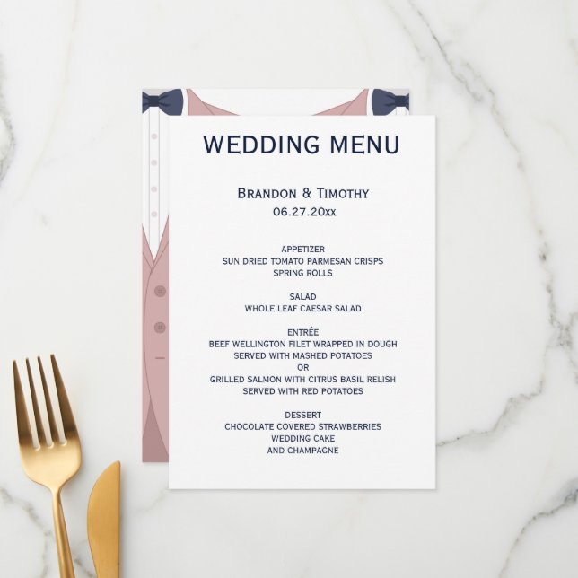 Elegant Pink And Blue Gay Wedding Menu (Front/Back In Situ)
