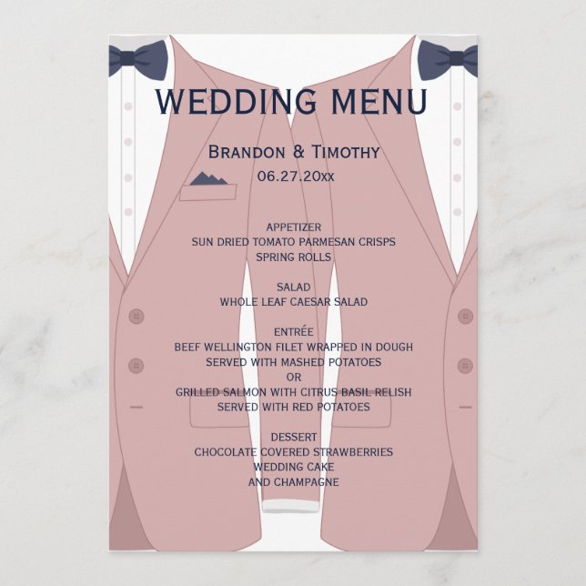 Elegant Pink And Blue Gay Wedding Menu Card (Front)