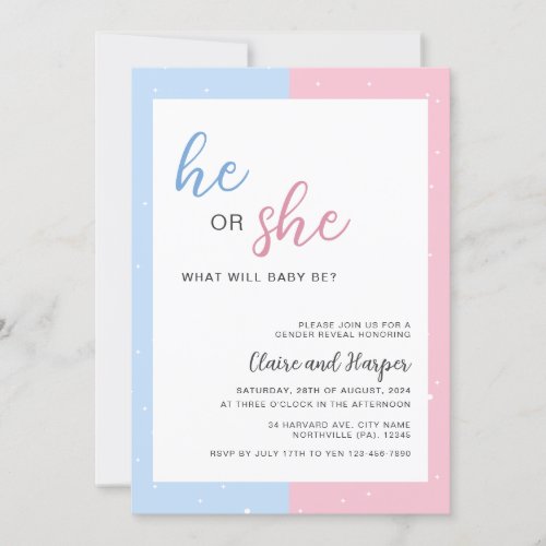 Elegant Pink and Blue Gender Reveal Baby Shower Invitation