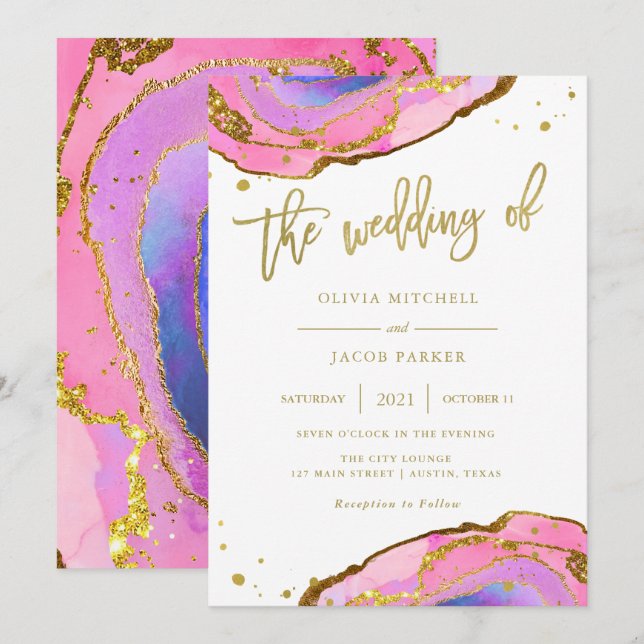 Elegant Pink and Blue Geode with Gold | Wedding Invitation (Front/Back)