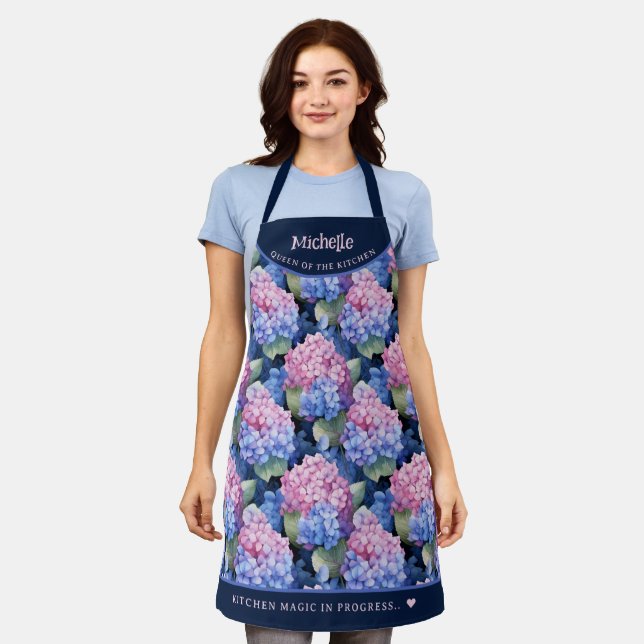 Elegant pink and blue hydrangea pattern apron (Worn)