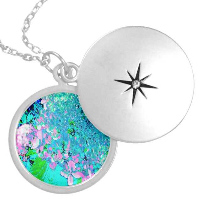 Elegant Pink and Blue Limelight Hydrangea Locket Necklace (Front)