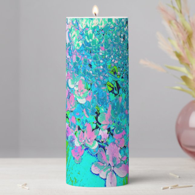 Elegant Pink and Blue Limelight Hydrangea Pillar Candle (In Situ)