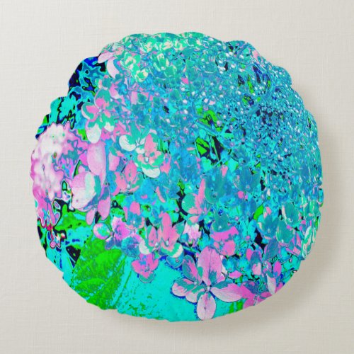 Elegant Pink and Blue Limelight Hydrangea Round Pillow