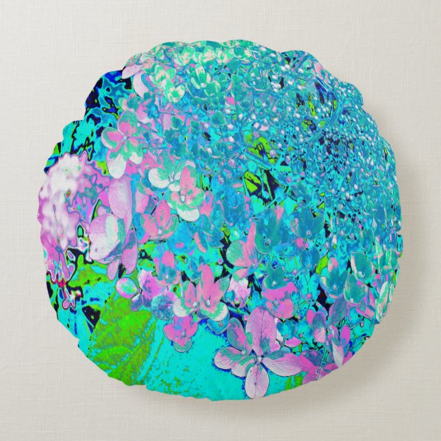 Elegant Pink and Blue Limelight Hydrangea Round Pillow (Front)