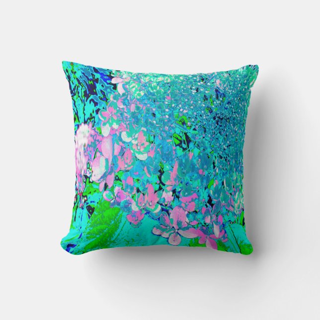 Elegant Pink and Blue Limelight Hydrangea Throw Pillow (Front)