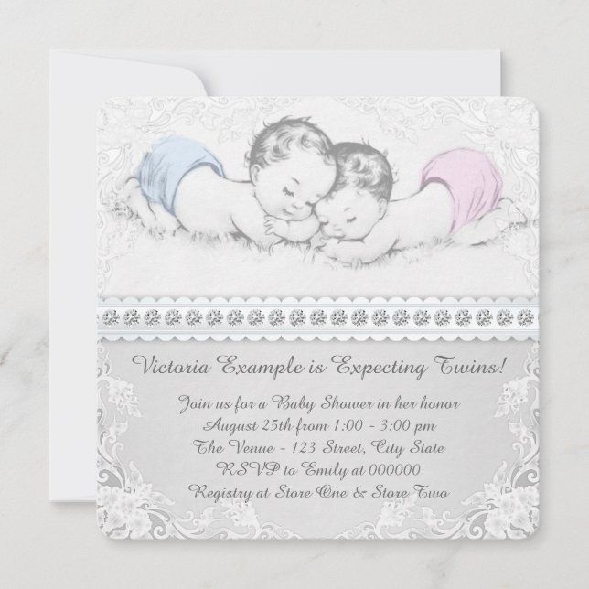 Elegant Pink and Blue Twin Baby Shower Invitation (Front)