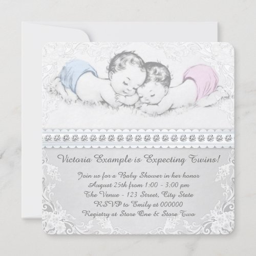 Elegant Pink and Blue Twin Baby Shower Personalized Announcements