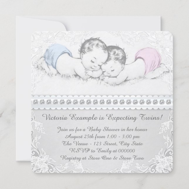 Elegant Pink and Blue Twin Baby Shower Invitation (Front)