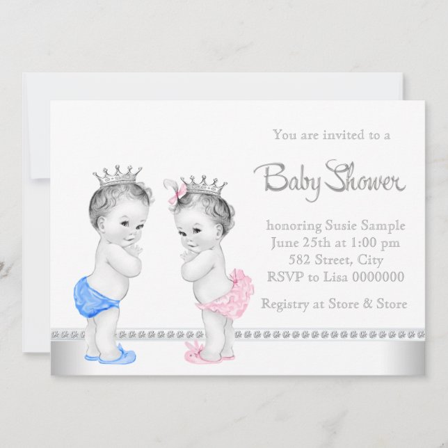 Elegant Pink and Blue Twins Baby Shower Invitation (Front)