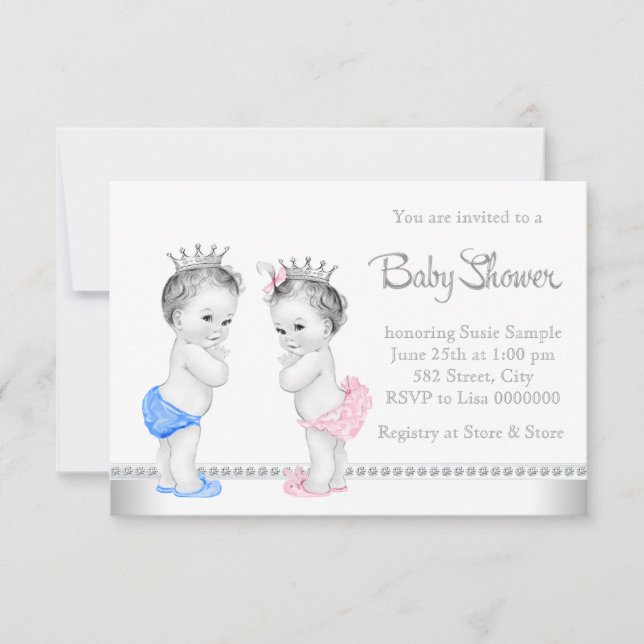 Elegant Pink and Blue Twins Baby Shower Invitation (Front)