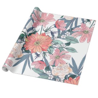 Elegant Pink and Blue Watercolor Floral Design Wrapping Paper