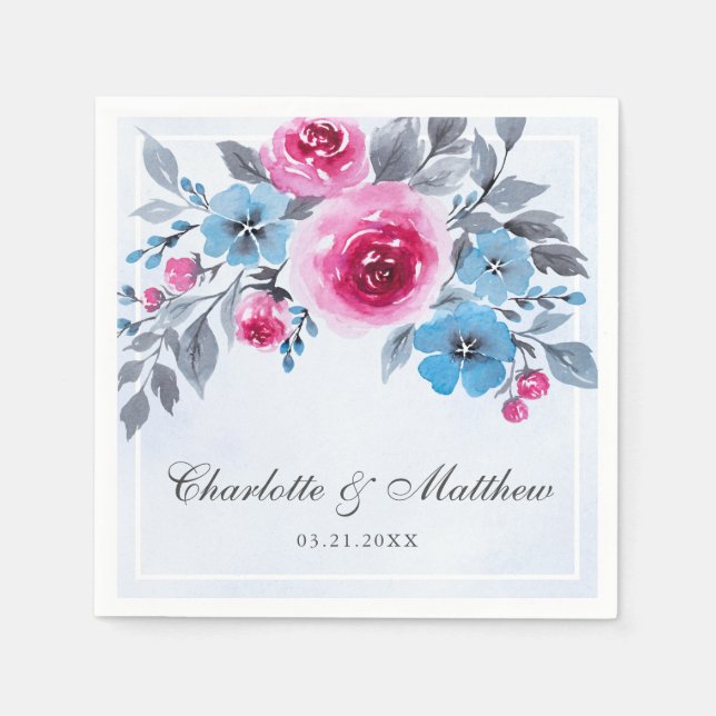 Elegant Pink And Blue Watercolor Floral Wedding Napkins (Front)