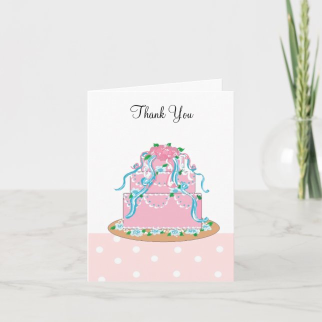 Elegant Pink and Blue Wedding Cake Thanks Thank You Card (Front)