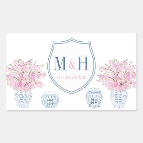 Elegant Pink And Blue Wedding Monogram Logo Favor Rectangular Sticker
