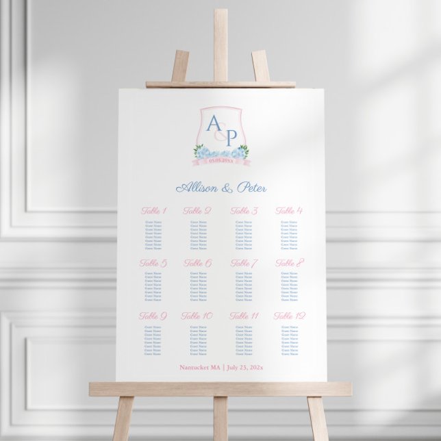 Elegant Pink And Blue Wedding Seating Chart Foam Board (12 tables wedding seating chart featuring hand painted pink and blue hydrangea crest)