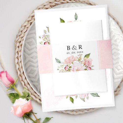 Elegant Pink and Blush Floral Watercolor Wedding Invitation Belly Band