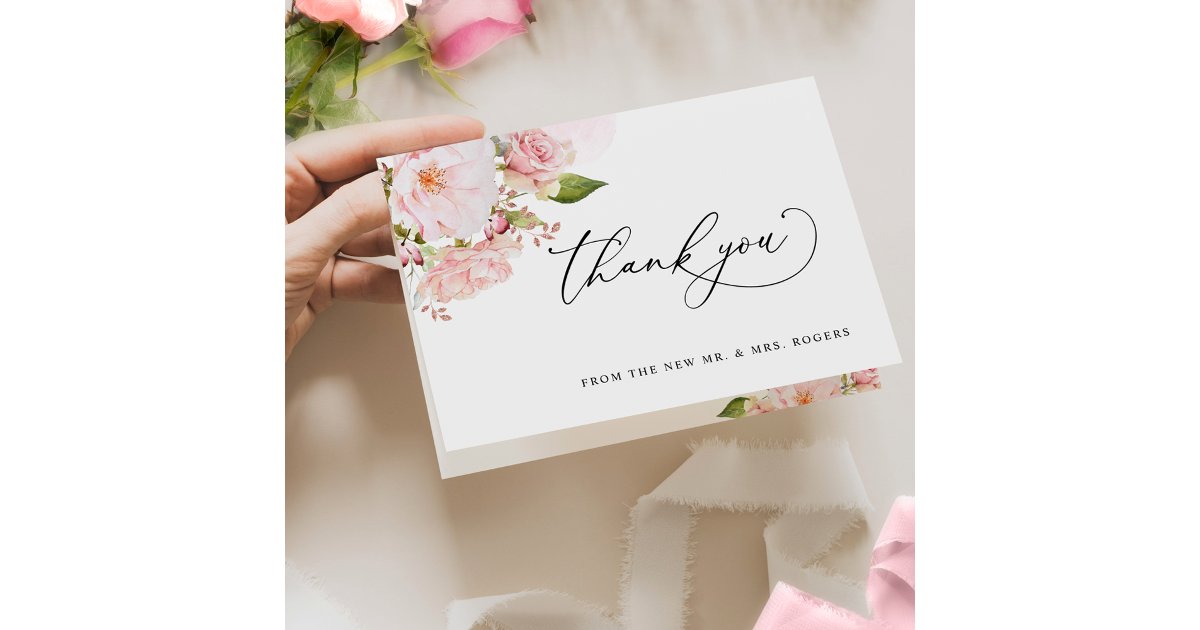 Elegant Pink and Blush Floral Wedding Thank You Card | Zazzle