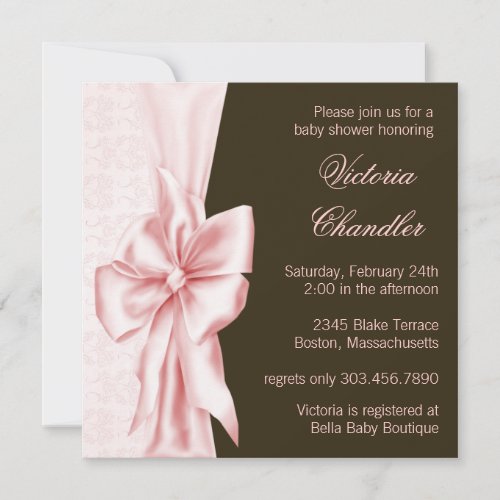 Elegant Pink and Brown Damask Baby Girl Shower Invite