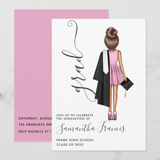 Elegant Pink and Brown Girl Graduation Party Invitation (Front/Back)