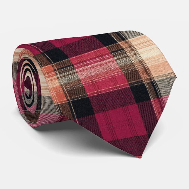 Elegant Pink and Brown Plaid Gingham Pattern Neck Tie (Rolled)