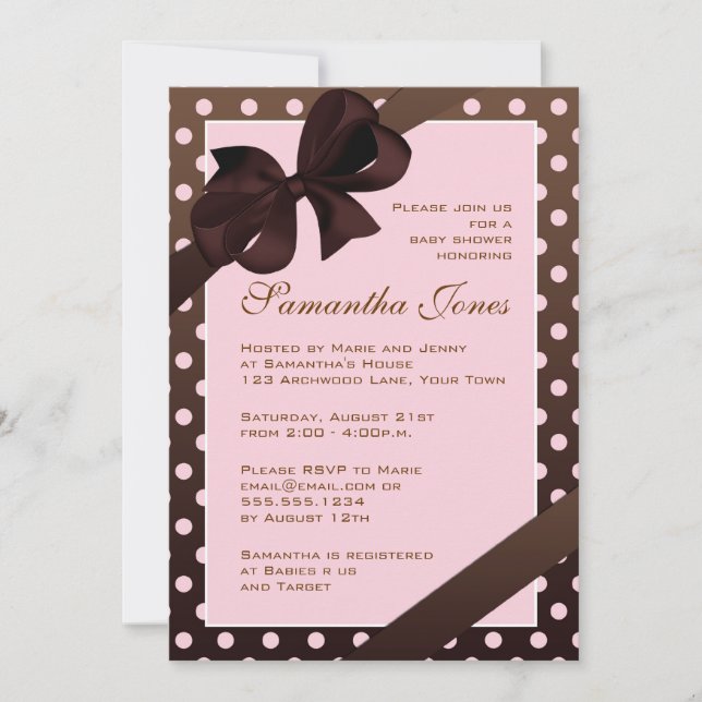 Elegant Pink and Brown Polka Dot Baby Shower Invitation (Front)
