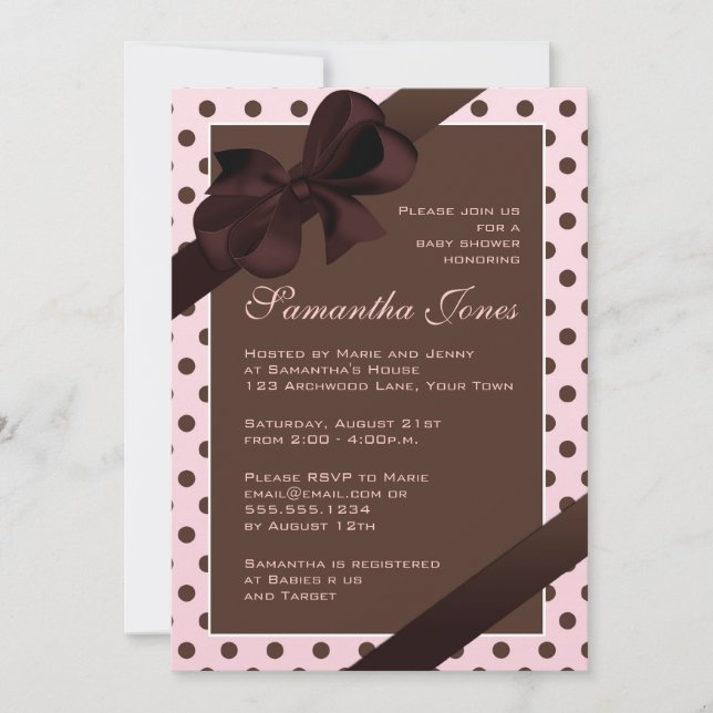 Elegant Pink and Brown Polka Dot Baby Shower Invitation (Front)