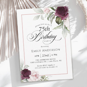 Elegant Pink and Burgundy Floral 75th Birthday Invitation
