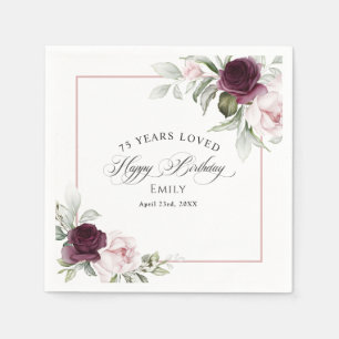 Elegant Pink and Burgundy Floral 75th Birthday Napkins