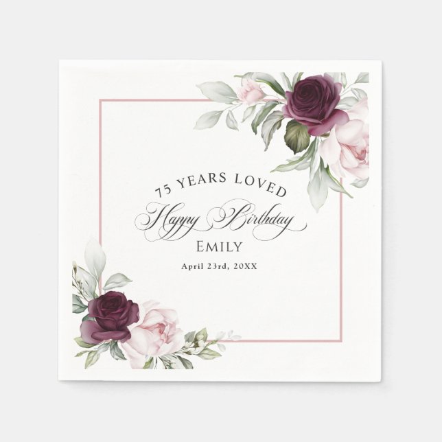 Elegant Pink and Burgundy Floral 75th Birthday Napkins (Front)