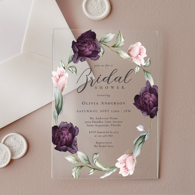 Elegant Pink and Burgundy Floral Bridal Shower Acrylic Invitations (Creator Uploaded)