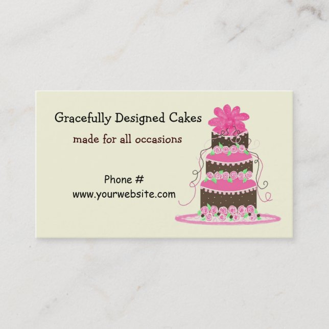 Elegant Pink and Chocolate Cake Business Card (Front)