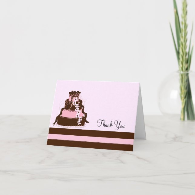 Elegant Pink and Chocolate Cake Thank You Card (Front)