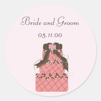 Elegant Pink and Chocolate Wedding Cake Classic Round Sticker