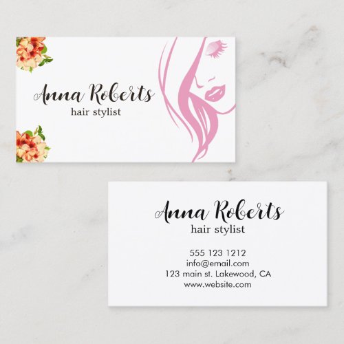 Elegant Pink and Flowers Hair Stylist Makeup Business Card