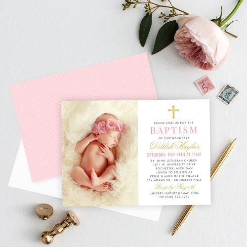 Elegant Pink and Gold Baby Girl Photo Baptism Invitation